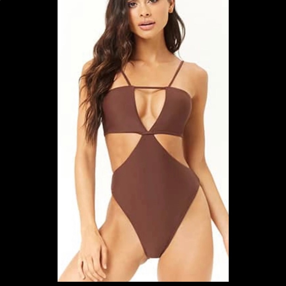 F21 strappy cut out brown one piece swimsuit